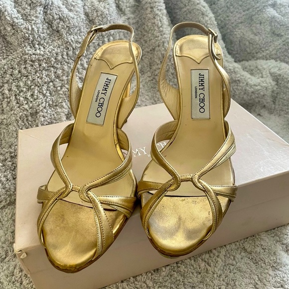 Jimmy Choo Shoes - Jimmy Choo Strappy High Heels Gold Metallic Sling Back Sandals. Sz 40/9.5. Italy